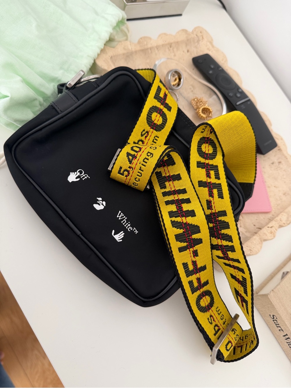 Off-White Black Bag with Yellow Industrial Strap and Mint Tag (NWT)